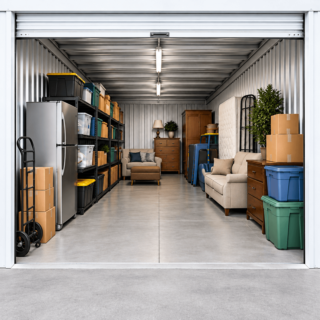 Open storage unit holding furniture, appliances, shelving, and storage bins